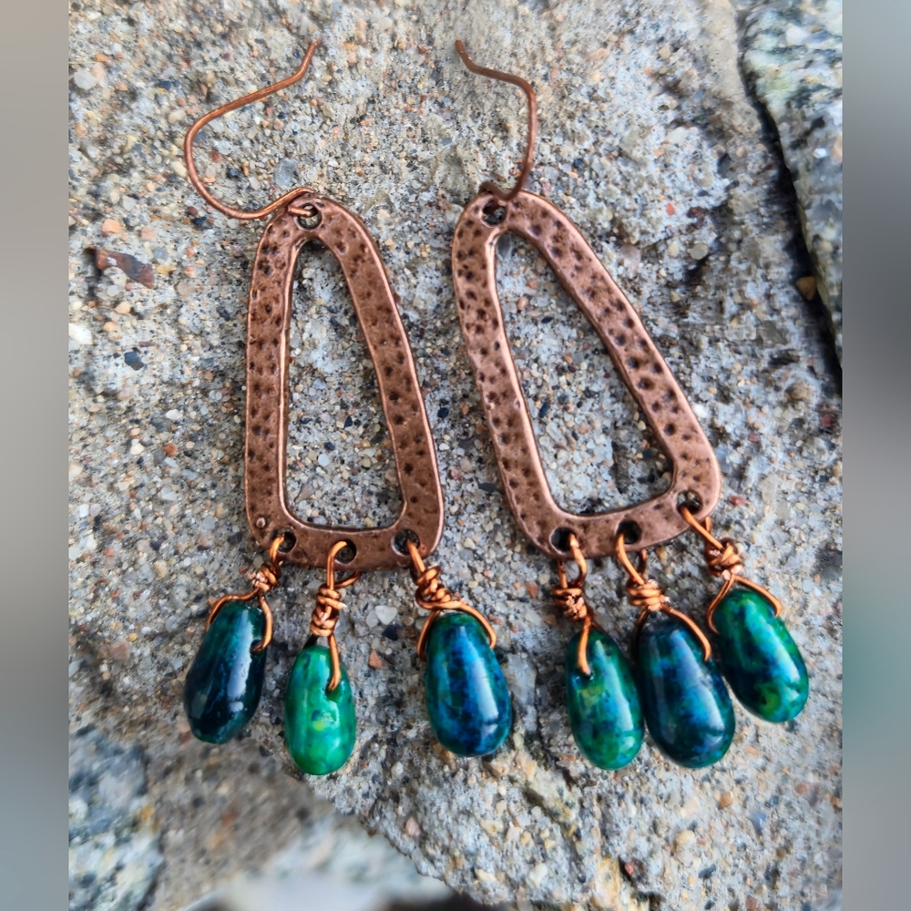 Andean Inspired Turquoise Chrysocolla In Weathered Antique Copper Drop Earrings